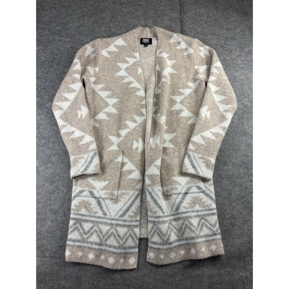 Frye Beige and White Geometric Open-Front Cardigan